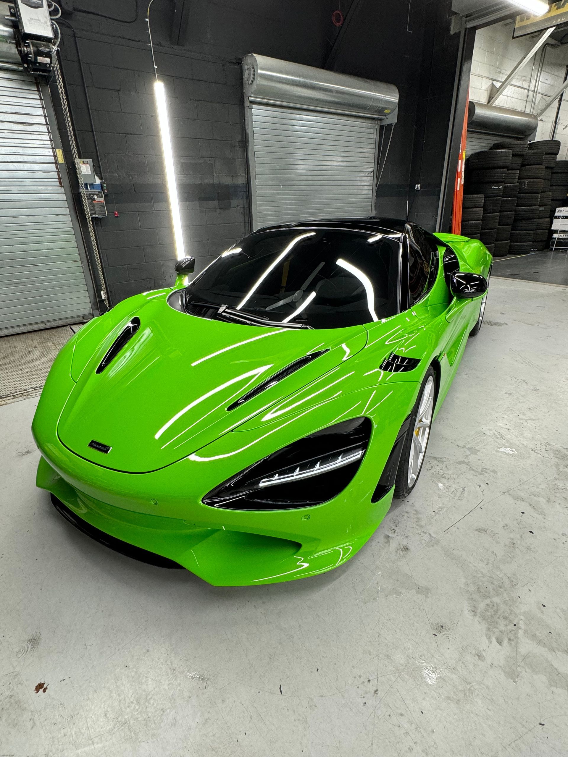 McLaren 750S with paint protection film and a ceramic topper, wide angle front view